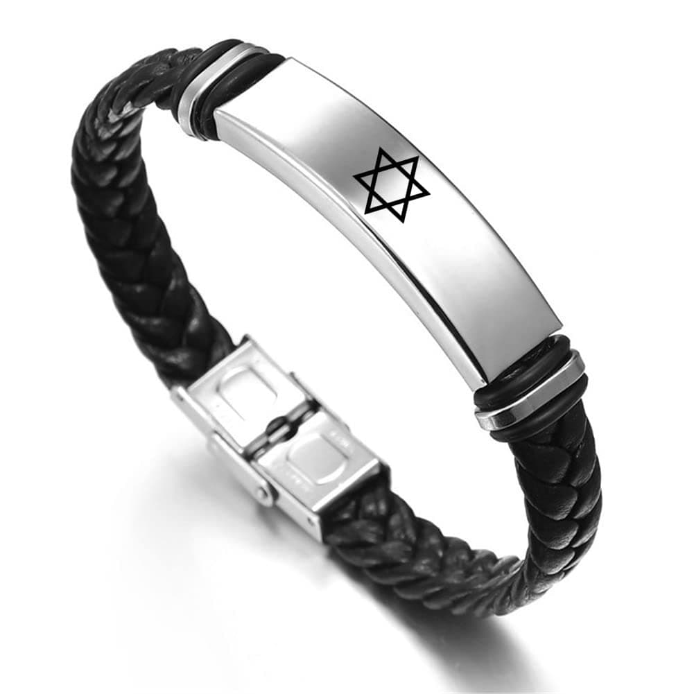 Star of David Jewish Bracelet Religious Jerusalem Mogen David Star Leather Bracelet Women Men Judaica Hebrew Israel Faith Hanukkah Wristband Israeli Amulet Jewelry, 8.26 Inch,Black