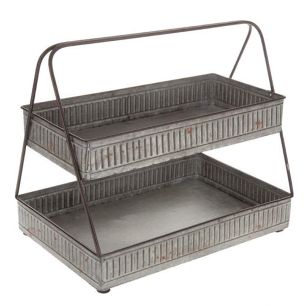 Sarutaya Serving Tray 2 Tier Rustic Galvanized Metal Farmhouse Food Decor Stand Fruits Veggies