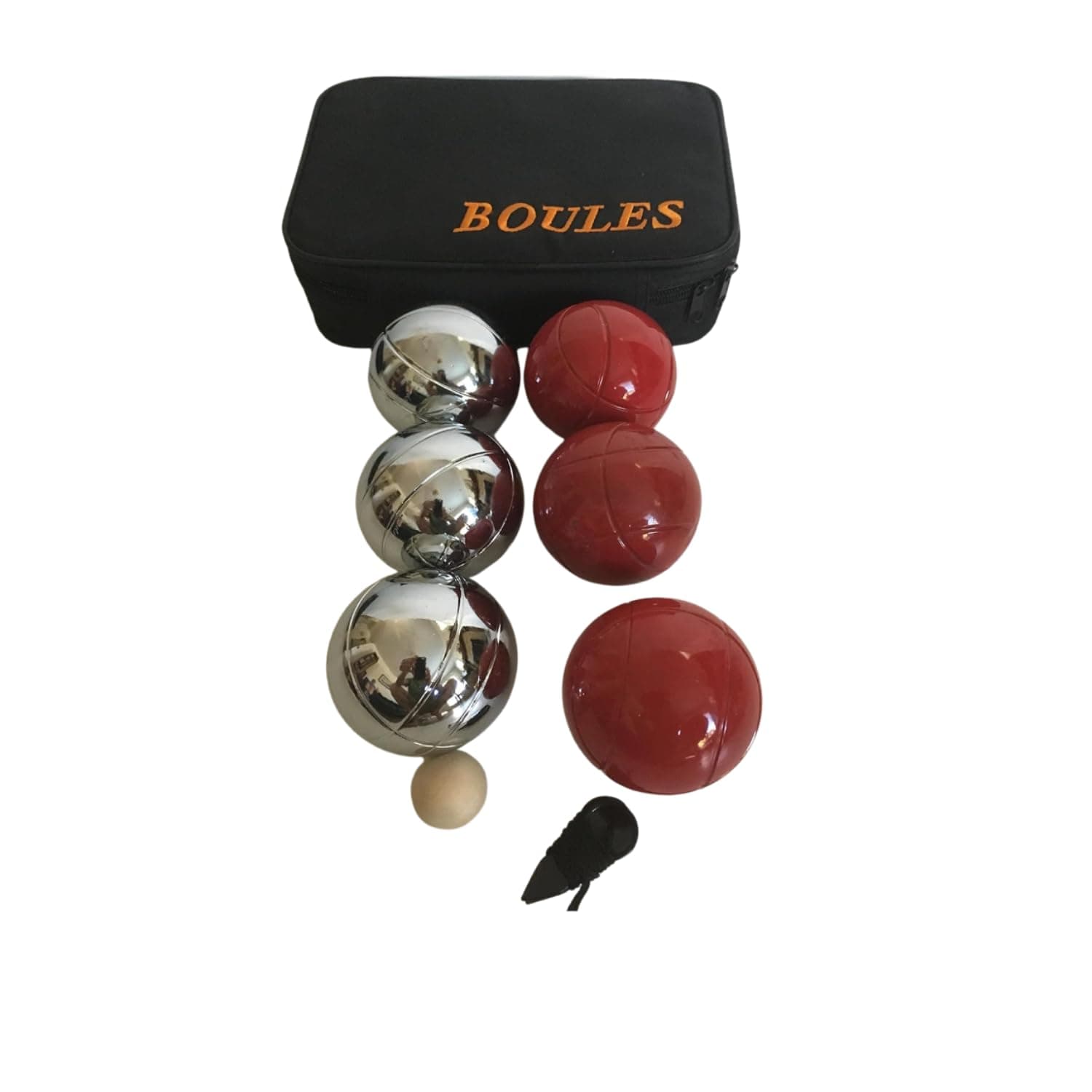 BuyBocceBalls Listing -73mm Metal Petanque/Boules 6 Ball Set with 3 Silver and 3 red Balls and Black Bag