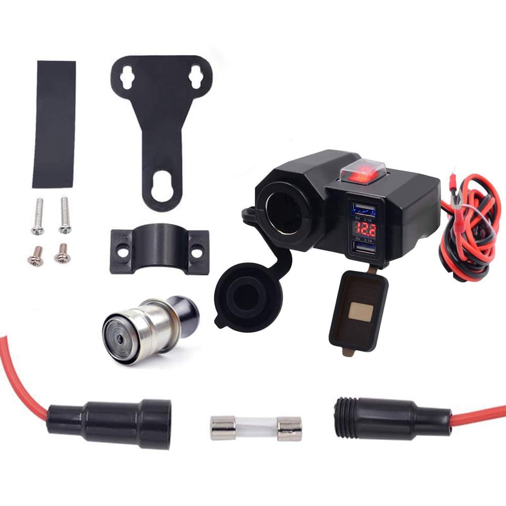12V Motorcycle Power Outlet USB Port Cell Phone Charger Handlebar Clamp USB Charging Socket,Moto Dual USB Charger Kit Accessories Waterproof with Cigarette Lighter 5V 2.1A + 2.1A for Phones Tablets