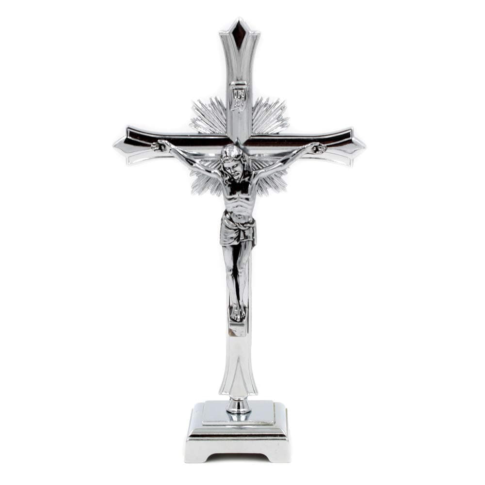 FARPortugal 8 Inches Metallic Altar Silver Crucifix with Stand