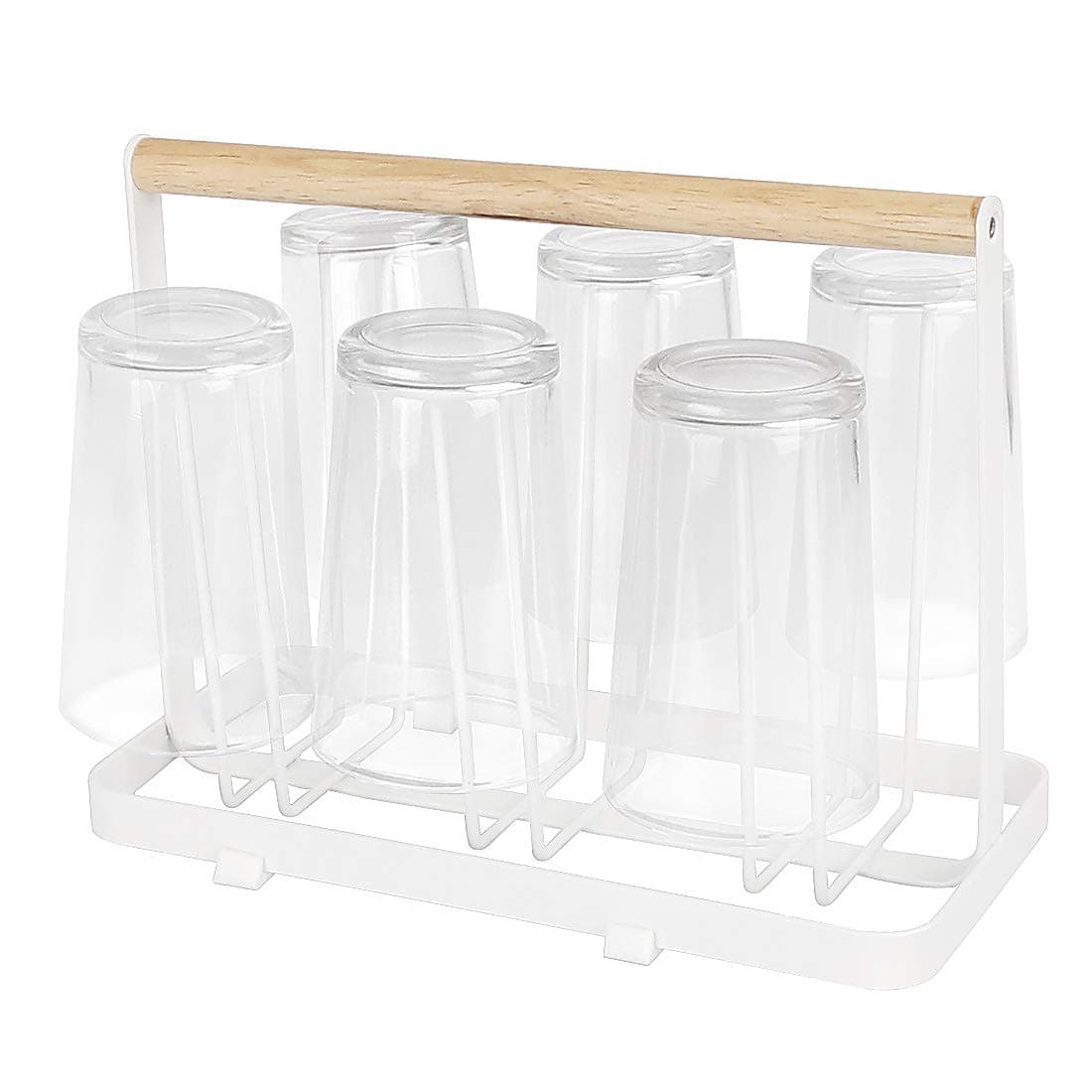 Cup Drying Rack Stand, 6 Cup Metal Drainer Holder Rack Non-Slip Mugs Cups Organizer with Wood Handle, White