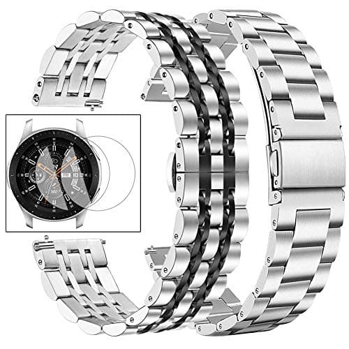 Dsytom Compatible with Galaxy Watch 46mm / Gear S3 Bands Men XL Large,2 Pack Solid Metal Strap Replacement with Samsung Gear S3 Classic/Frontier Smart Watch with Screen Protector(Silver/Black+Silver)