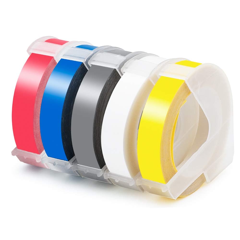 Suminey Compatible Label Tape Replacement for Embossing Tape 3D Plastic 9mm x 3m Labels, Compatible with Omega and Junior Embosser Label Maker, 5-Pack