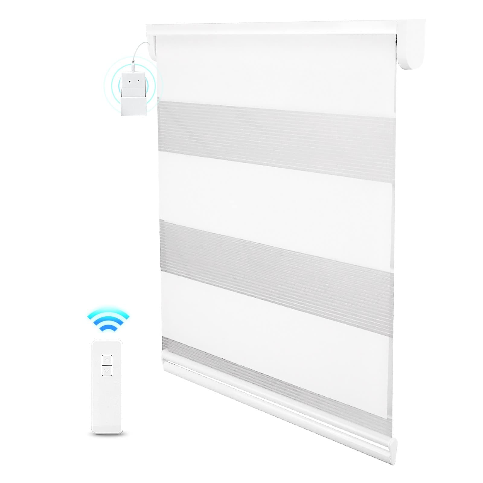 Motorized Zebra Blinds for Windows with Remote Control, Automatic Roller Horizontal Blinds, Blackout and Light Filtering Dual Layer Sheer Shades for Home Office, 23" W x 72" H (White)