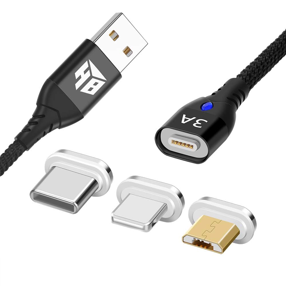 USB to iOS, USB-C and Micro USB Magnetic 3 in 1 Cable. High Speed 3A Magnetic Cable.The Worlds First 3A Magnetic Cable Supporting Quick Charge 2.0 and 3.0. (3.3 feet)