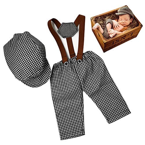 Newborn Monthly Baby Photography Props Boy Outfits with High Elastic Lattice Rompers Beret Hats for Infant Gentleman Boys' Costumes(0-3 moths） (gray)
