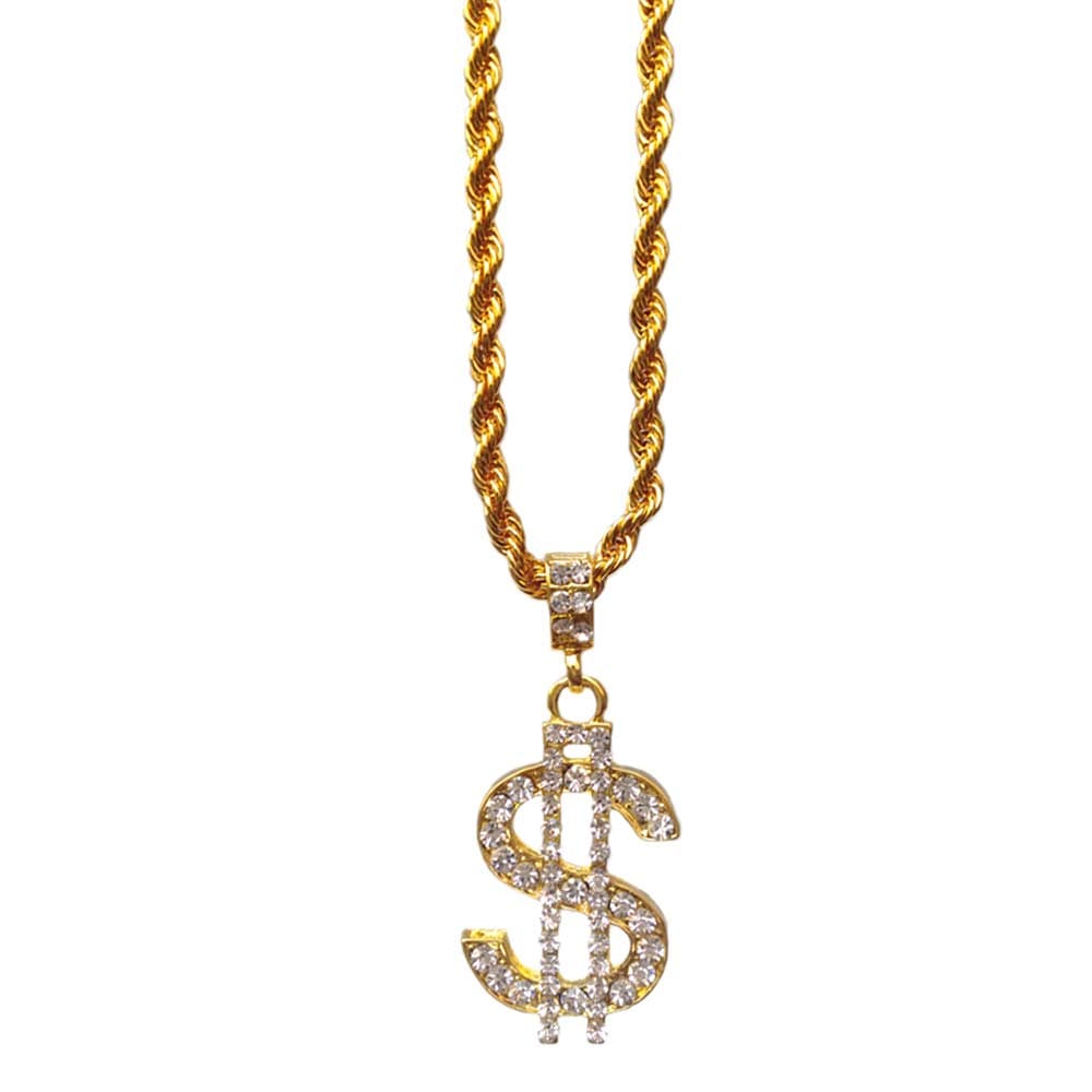 TUOKAY Fake Gold Rope Chain for Men with Dollar Sign Pendant Iced Out Necklace for Rapper, Sparkling Dollar Symbol Faux Gold Chain for Rap Gangsta, 24 inches