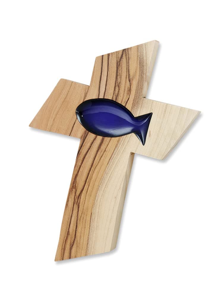 MaMeMiWooden cross made from olive wood with a blue fish