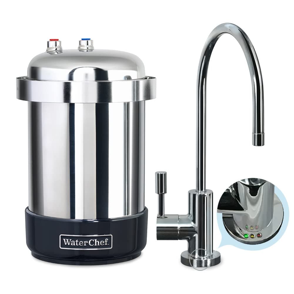 - WaterChef U9000 Premium Under-Sink Water Filtration System w/Intelligent Monitor & Designer Series Faucet (Chrome), NSF/ANSI Certified for 78 Contaminants, 1,000 Gal., Stainless, Made in USA