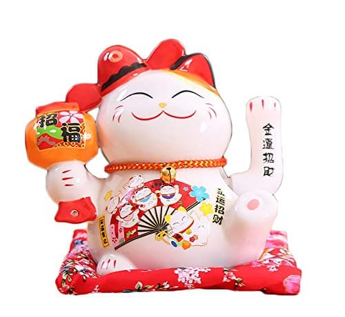 Chinese Feng Shui Porcelain White Lucky Waving Cat Figure With Moving Arm Ceramic Maneki Neko Waving Fortune Cat Statuette for Home Office and Shop Decoration 16x14x16cm/6.3x5.5x6.3inch, C