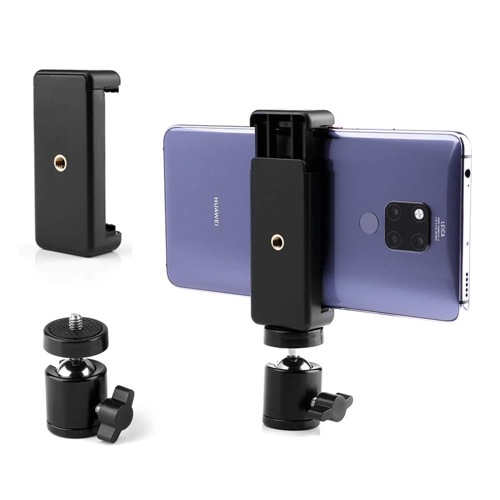 Cell Phone Holder Clip and Ball Head Adapter Set for Tripod and Selfie Stick with 1/4 Screw, Universal Tripod Mount, Camera Tripod Ball Head, 360 Degree Swivel Cell Phone Tripod Mount Set