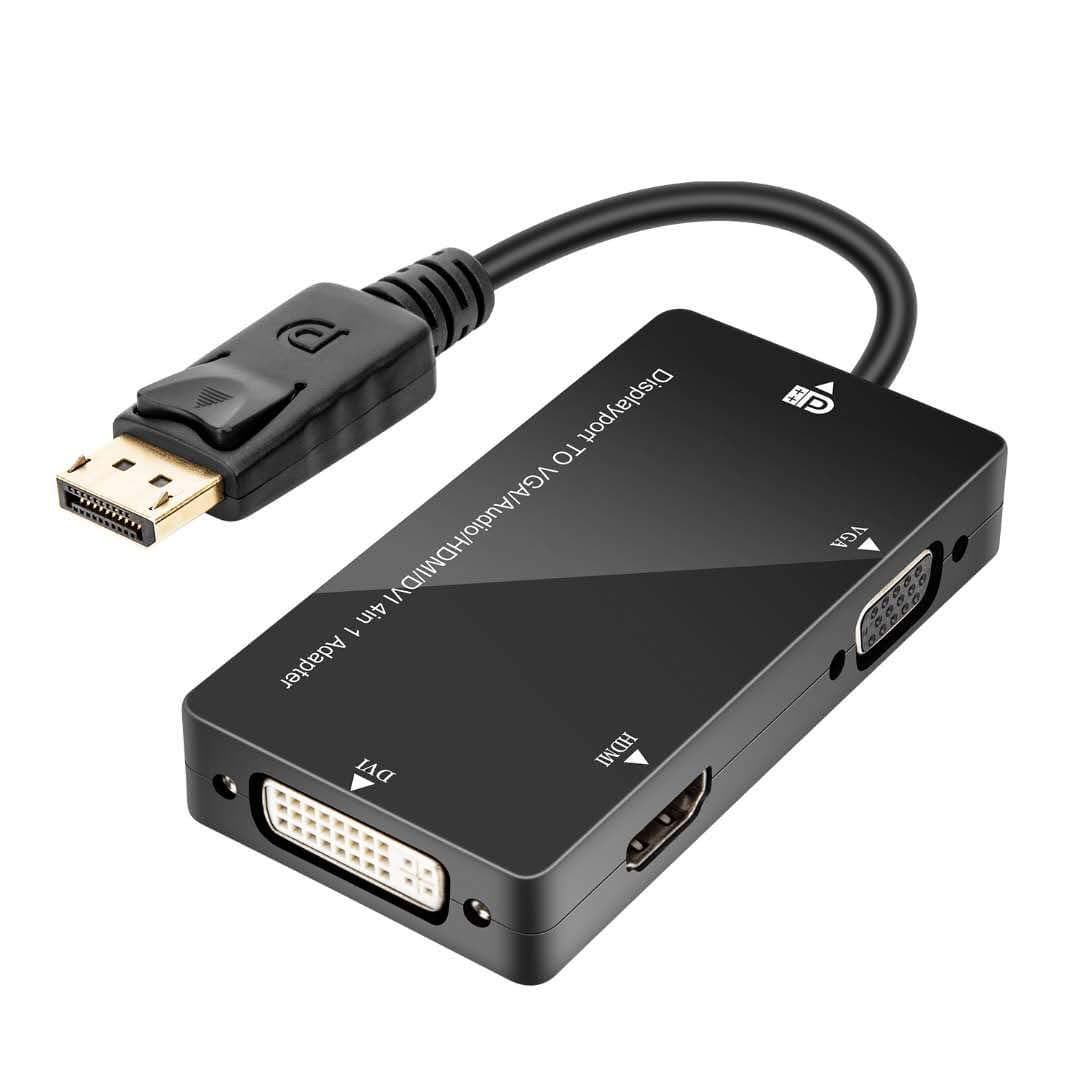 DisplayPort Adapter 4K Resolution Multiport 3 in 1 Active DisplayPort to HDMI DVI VGA Video Converter Male to Female Gold Plated Cord Adapter for Laptop Desktop Computer, Monitor, Projector Black