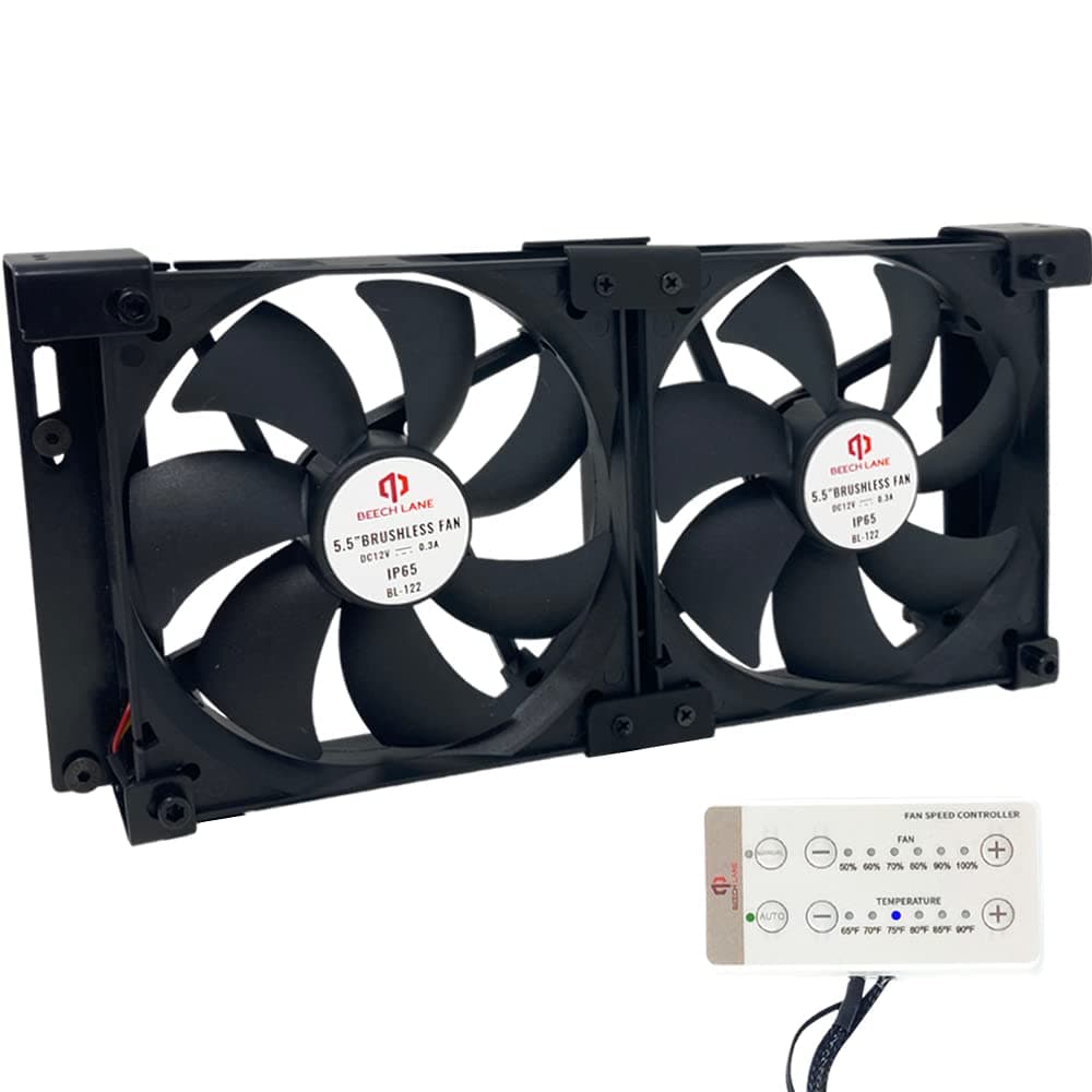 Beech Lane 12V RV Fridge Ventilation Cooling Fan 5.5" (140mm), Custom Mounts For American RV Side Vents, Adjustable Temperature Settings, High-Tech Remote With Manual/Auto Modes, Waterproof Design