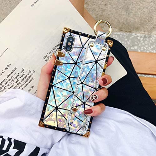 iPhone Xs Max Diamond Shiny Case,SelliPhone Luxury Shiny Diamond Square Glitter Laser Girly Wristband Stand Goddess Style Soft Trunk Case for iPhone Xs Max 6.5",Silver