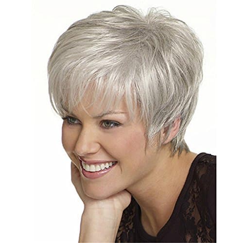 YX Women's Short Fluffy Wavy Silver White Synthetic Wigs by YX