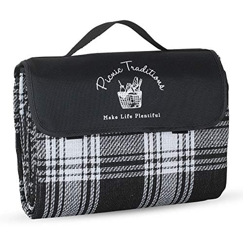 Picnic Traditions Large Picnic Blanket Water Resistant Tote - Great for Picnics, Camping on Grass, at The Beach, Tailgating at Stadiums, Durable Mat has Waterproof PEVA Backing - 69 x 53 in. (Black)