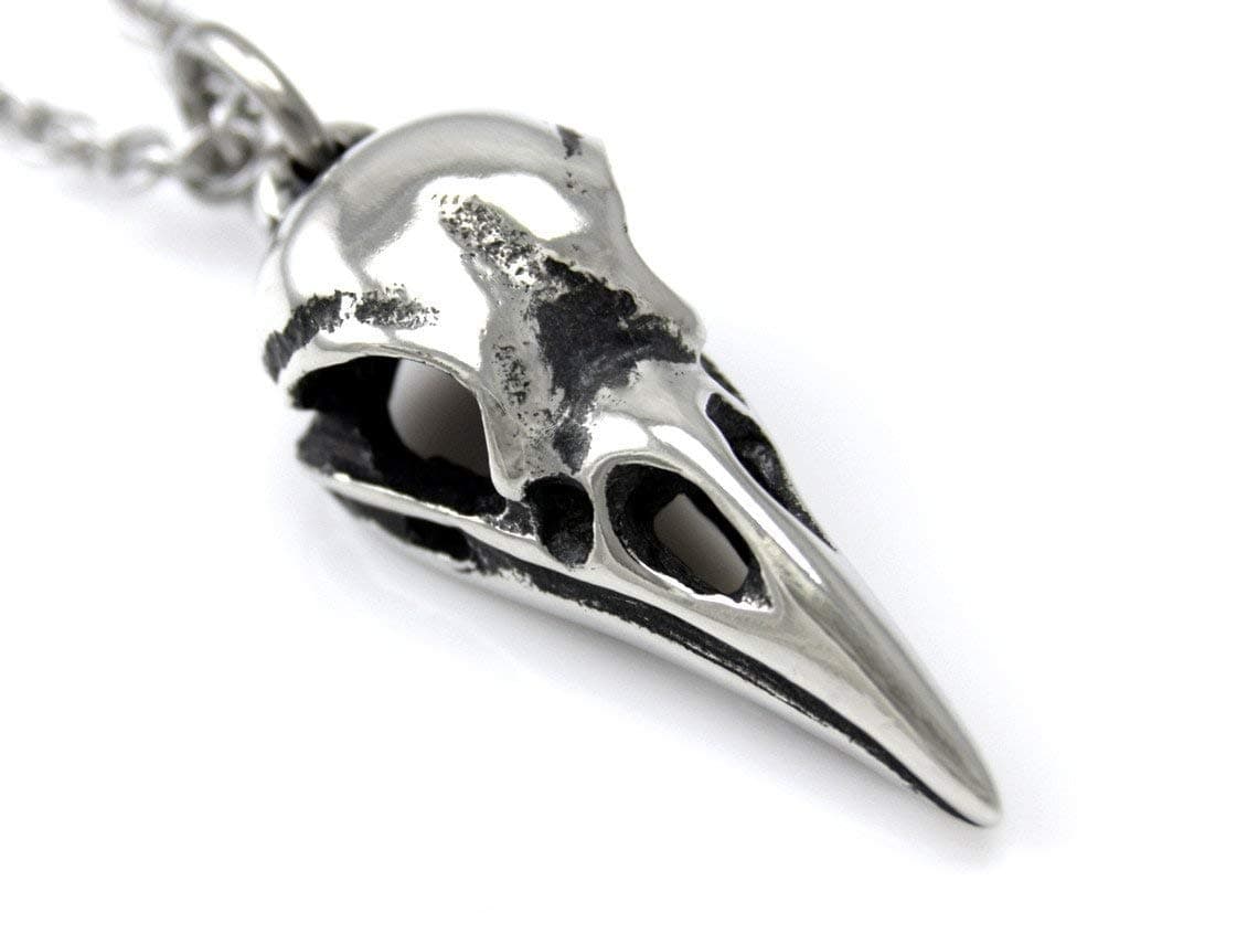Small Raven Skull Pendant Necklace, Handmade Bird Skull Jewelry in Pewter
