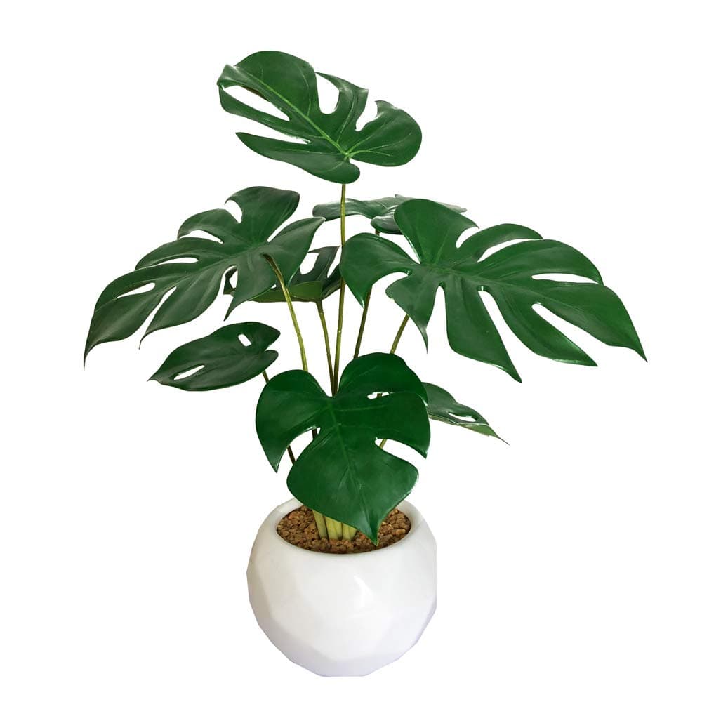 BESAMENATURE Mini Artificial Monstera Plant, Tabletop Artificial Chess Plants for Indoor Decoration, 14-inch Tall, Ships in White Ceramic Planter