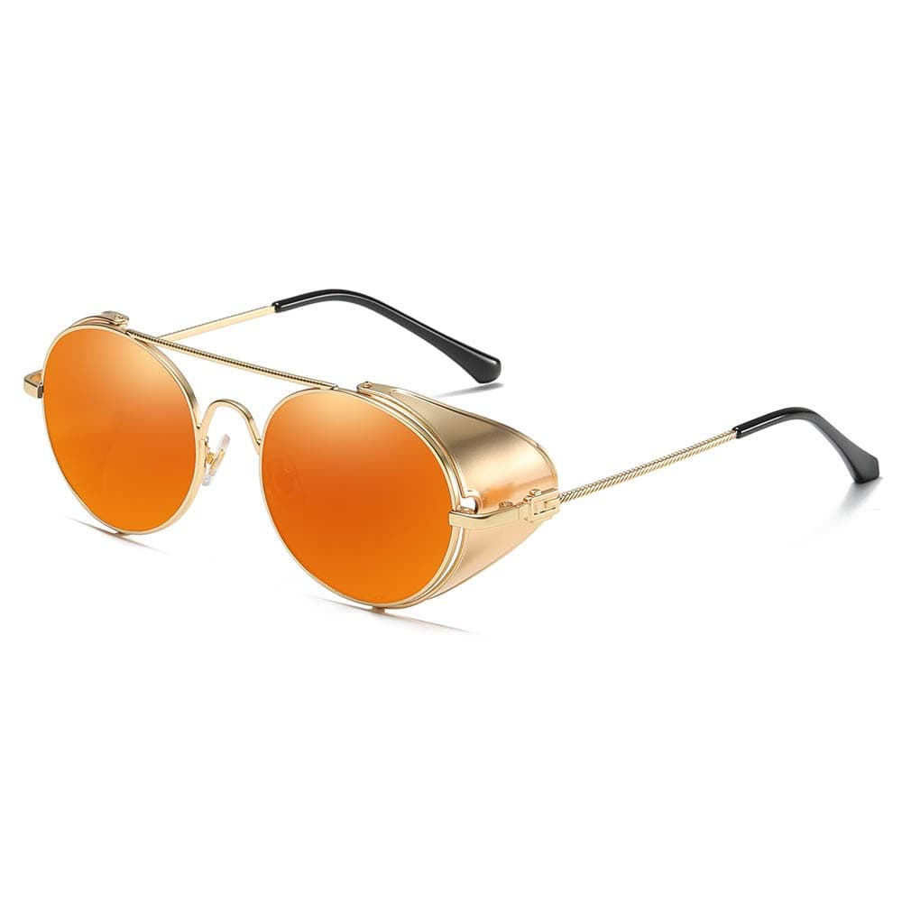 AMZTM Steampunk Metal Frame Sunglasses for Women Men - Retro Round Lens Eyewear with Side Shield Double Bridge(Gold Frame Orange Lens)