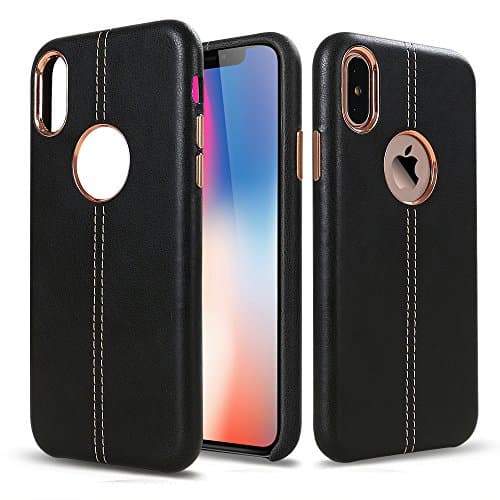 iPhone Xs/x Case, Hallsen Protective Back Cover Soft Case Premium PU Leather Slim Anti-Scratch Cover with Metal Rim for iPhone x/xs (5.8 Inch) -Black