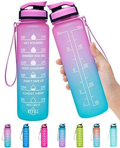 Elvira 32oz Large Water Bottle with Motivational Time Marker & Removable Strainer,Fast Flow BPA Free Non-Toxic for Fitness, Gym and Outdoor Sports-Green