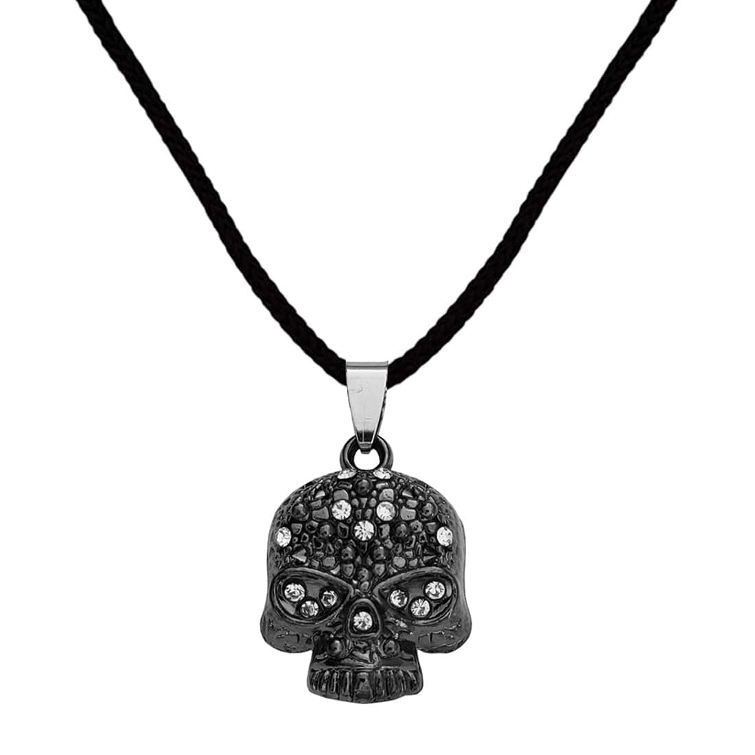M Men StyleBiker Jewellery Viking Skull Head With Crystal Stone Black And Silver Zinc Metal And Cotton Dori Pendant Chain For Men And Women SPn2022885