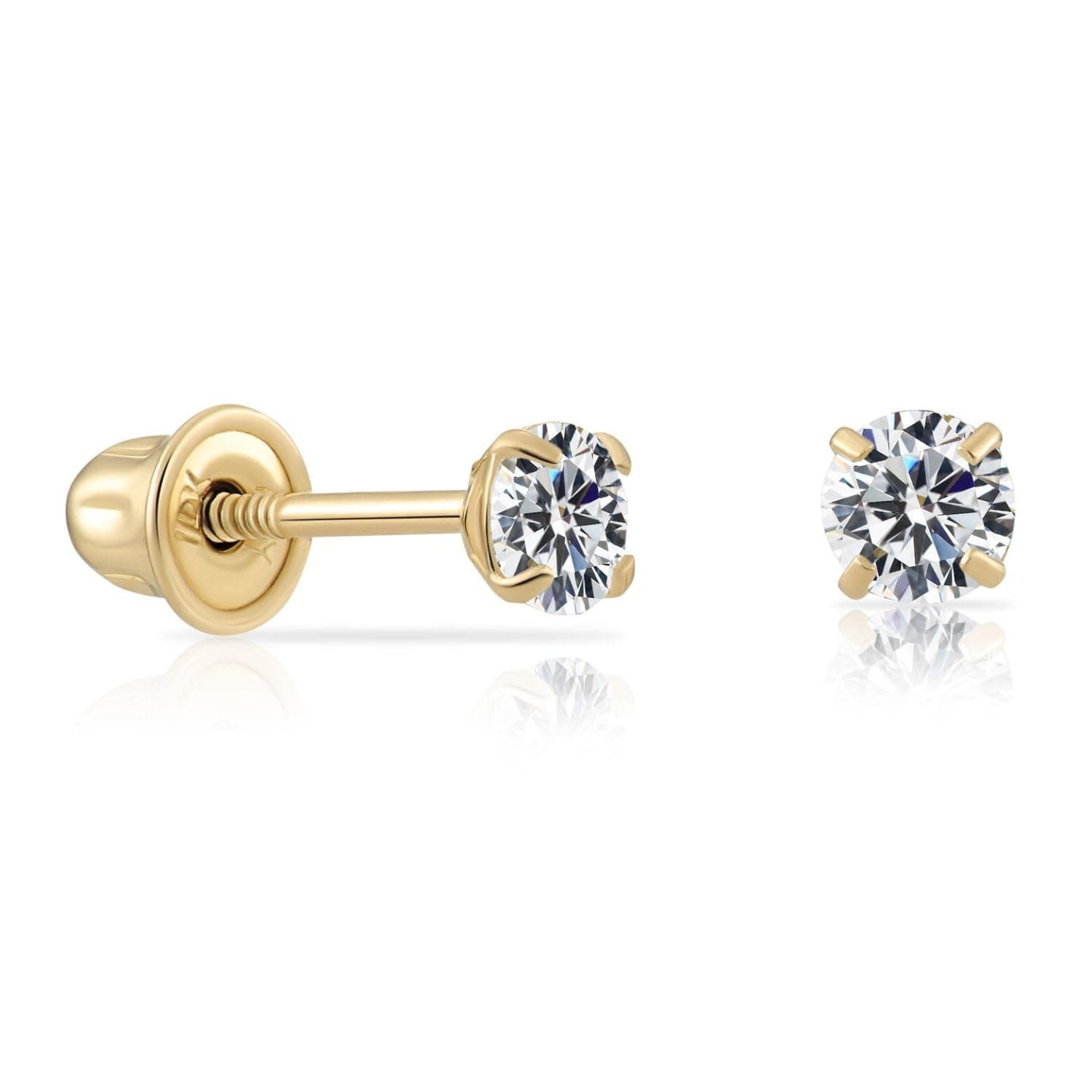 14k Yellow Gold Solitaire Round Cubic Zirconia Stud Earrings in Secure Screw-backs