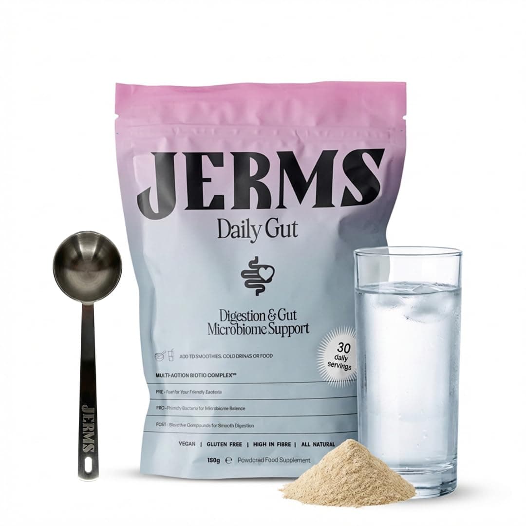 JERMS Daily Gut | Tribiotic Powder with Pre-, Pro- & Postbiotics | 10 Billion CFU + Digestive Enzymes + Feiolix® for Metabolic Support | Vegan, No Sweeteners, Gluten-Free | 30 Servings
