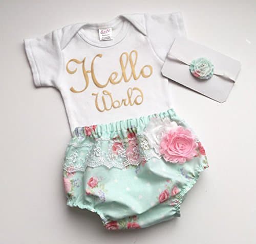 Hello world onesie diaper cover set with headband in shabby chic baby design