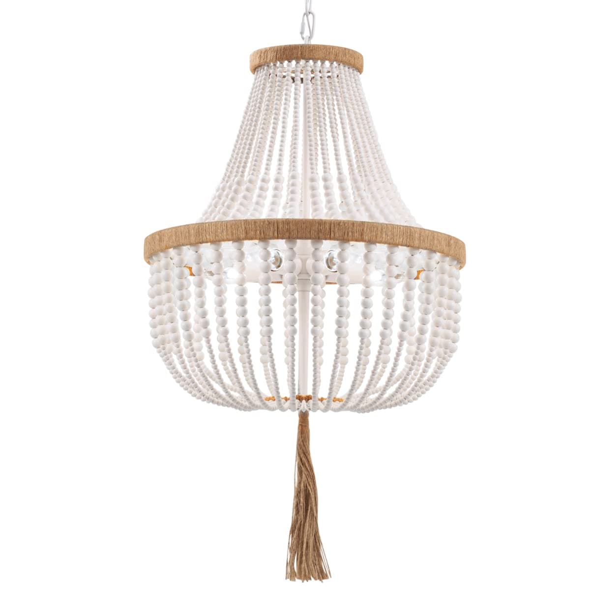 4 Lights Wood Beaded Farmhouse Chandelier with Tassels Bohemia Antique Rustic Pendant Light for Bedroom Kitchen Island Dining Living Room Foyer, White, Dia 17 Inch