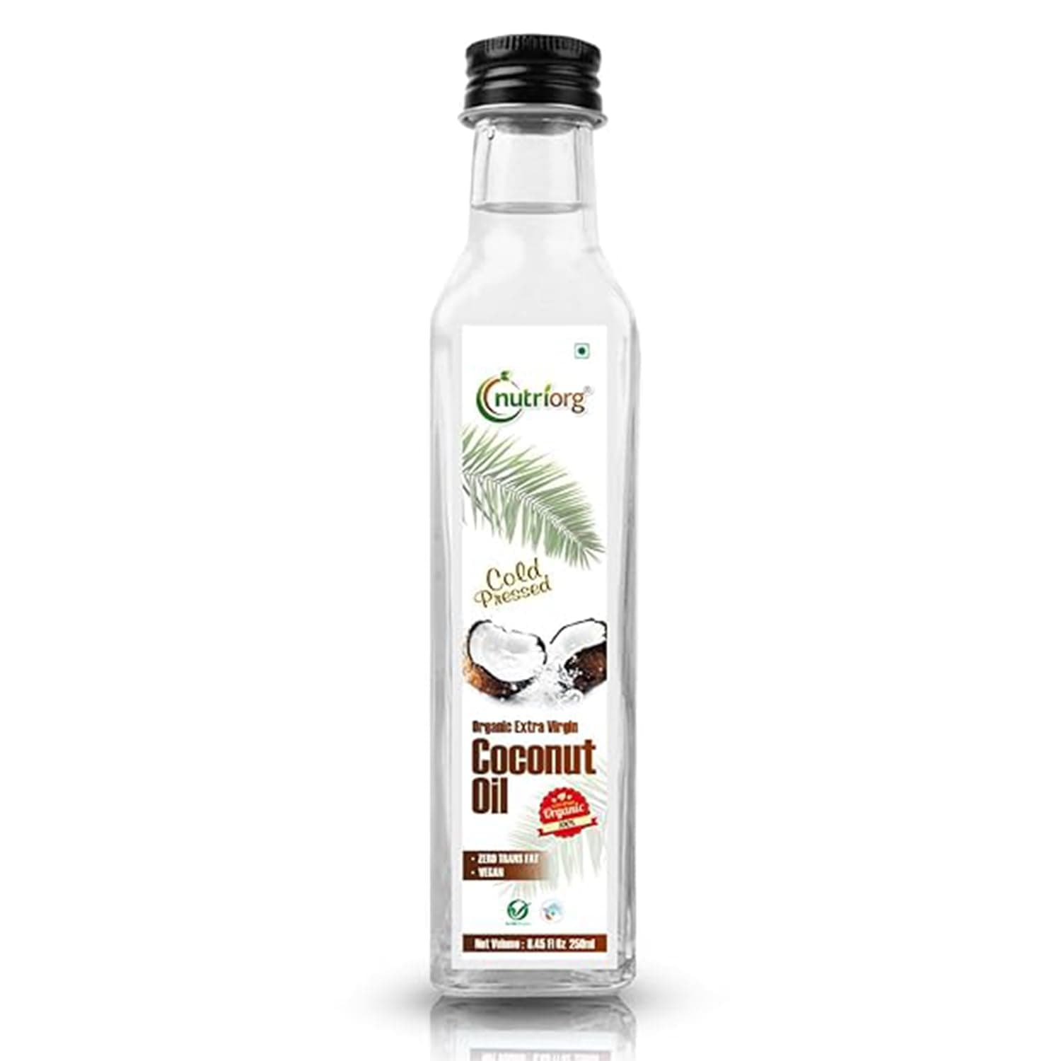 NutriOrg Extra Virgin Coconut Oil 250mL | Cold Pressed, 100% Organic & Pure | Right for Cooking, Massage and oil pulling | Multipurpose use for skin and hair