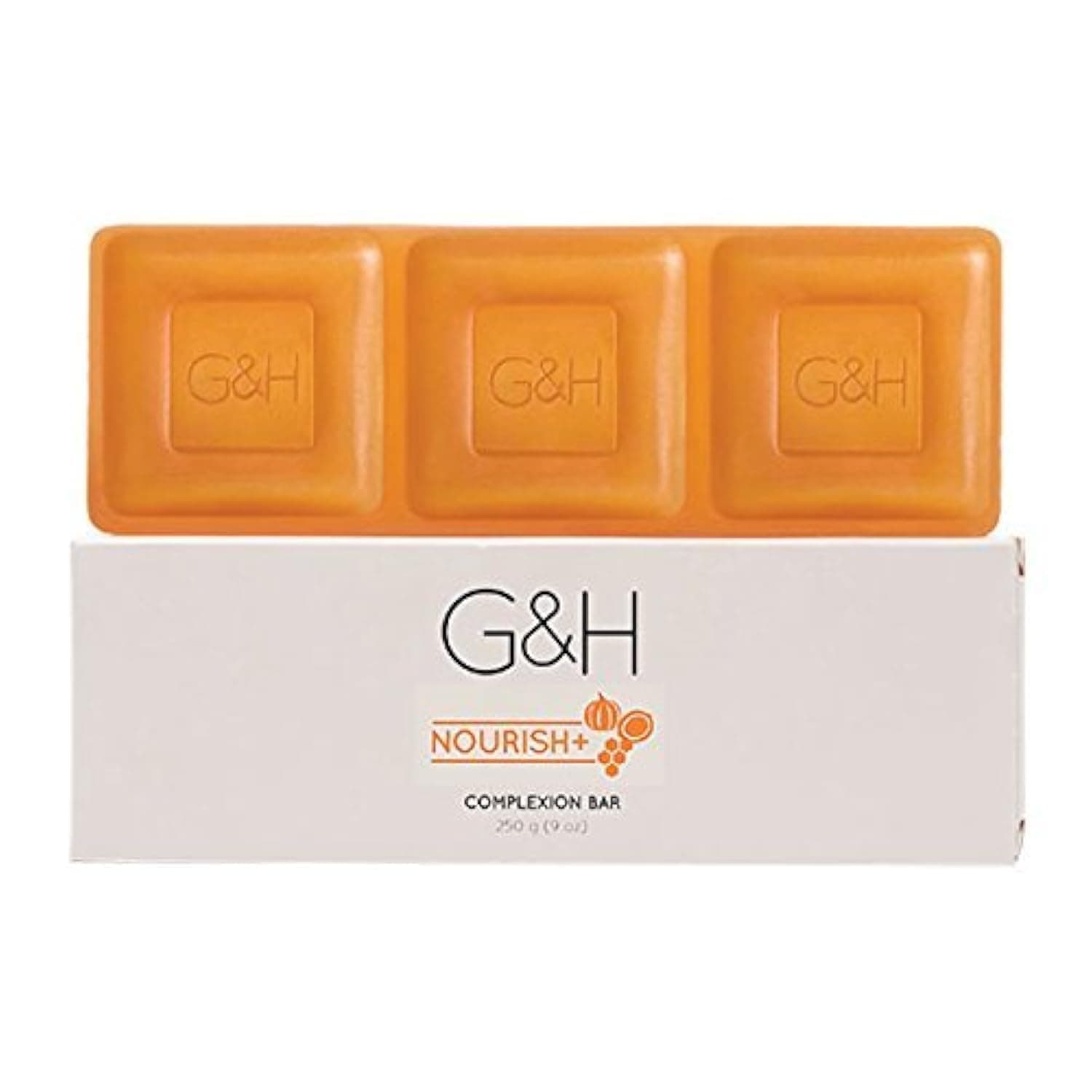 G&H NOURISH+Complexion Bar soap 250 G. Contains an exclusive blend of Orange Blossom Honey, Shea Butter, and Pumpkin Seed Oil.
