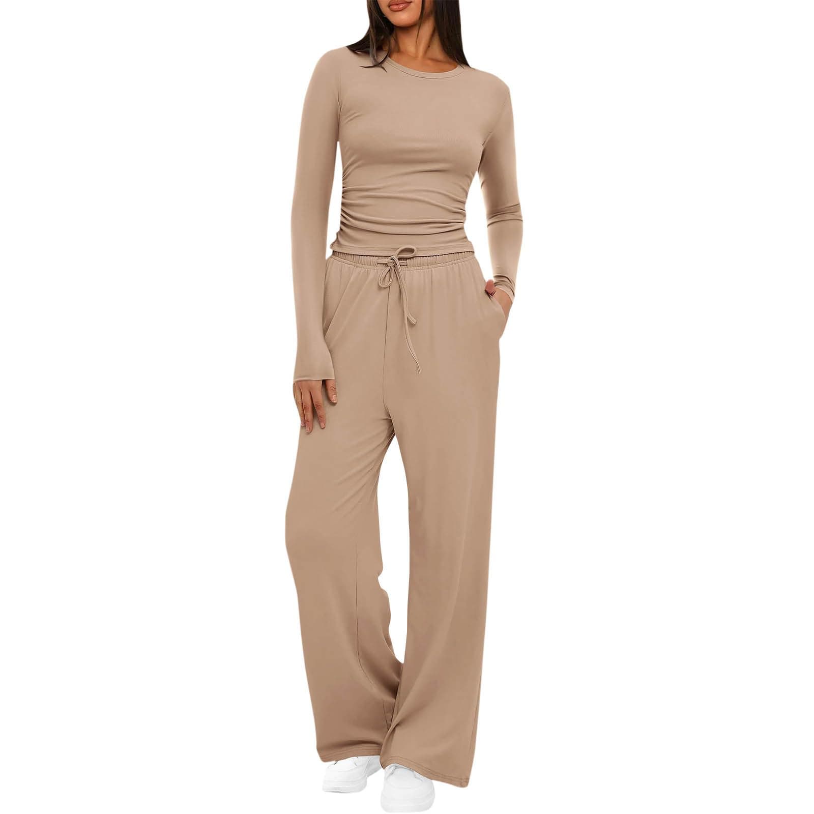 2 Piece Sets for Women Tracksuits UK Skim Dupe Matching Lounge Set Airport Outfit Long Sleeve Crop Tops Shirts Wide Leg Pants Fall Y2K Streetwear Khaki