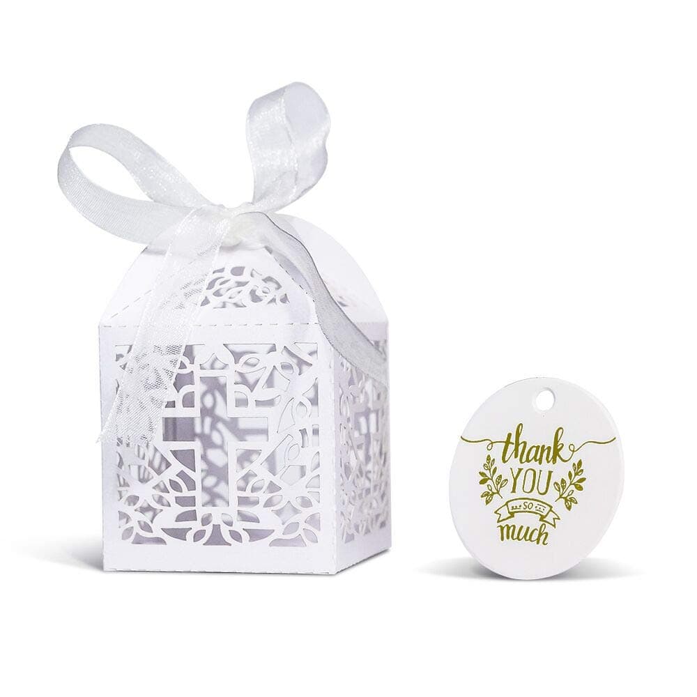 KAZIPA 50PCS Baptism Favor Boxes, 2.2''x2.2''x2.2''Laser Cut Gift Boxes for Baby Shower,First Birthday Party Christening Decorations,Candy Bag for Boy and Girl(White & 50 Thank You Tags)