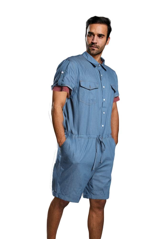 Enjoybuy Mens Rompers Denim Chambray One Piece Jumpsuits Short Sleeve Button Down Drawstring Casual Shorts