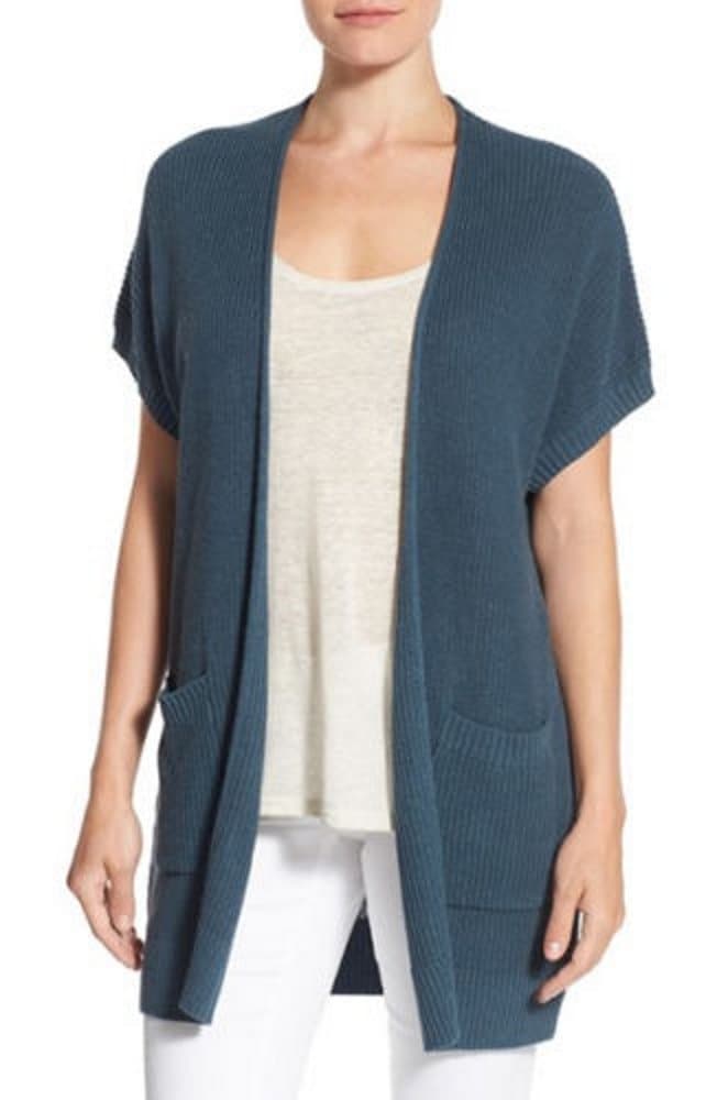 Caslon Womens Shaker Stitch Open Front Cardigan Sweater, Blue, Medium