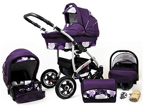 Lux4Kids 3 in 1 Combi pram Pushchair Stroller Complete Set with car seat Isofix Larmax Violet 3in1 with Baby seat