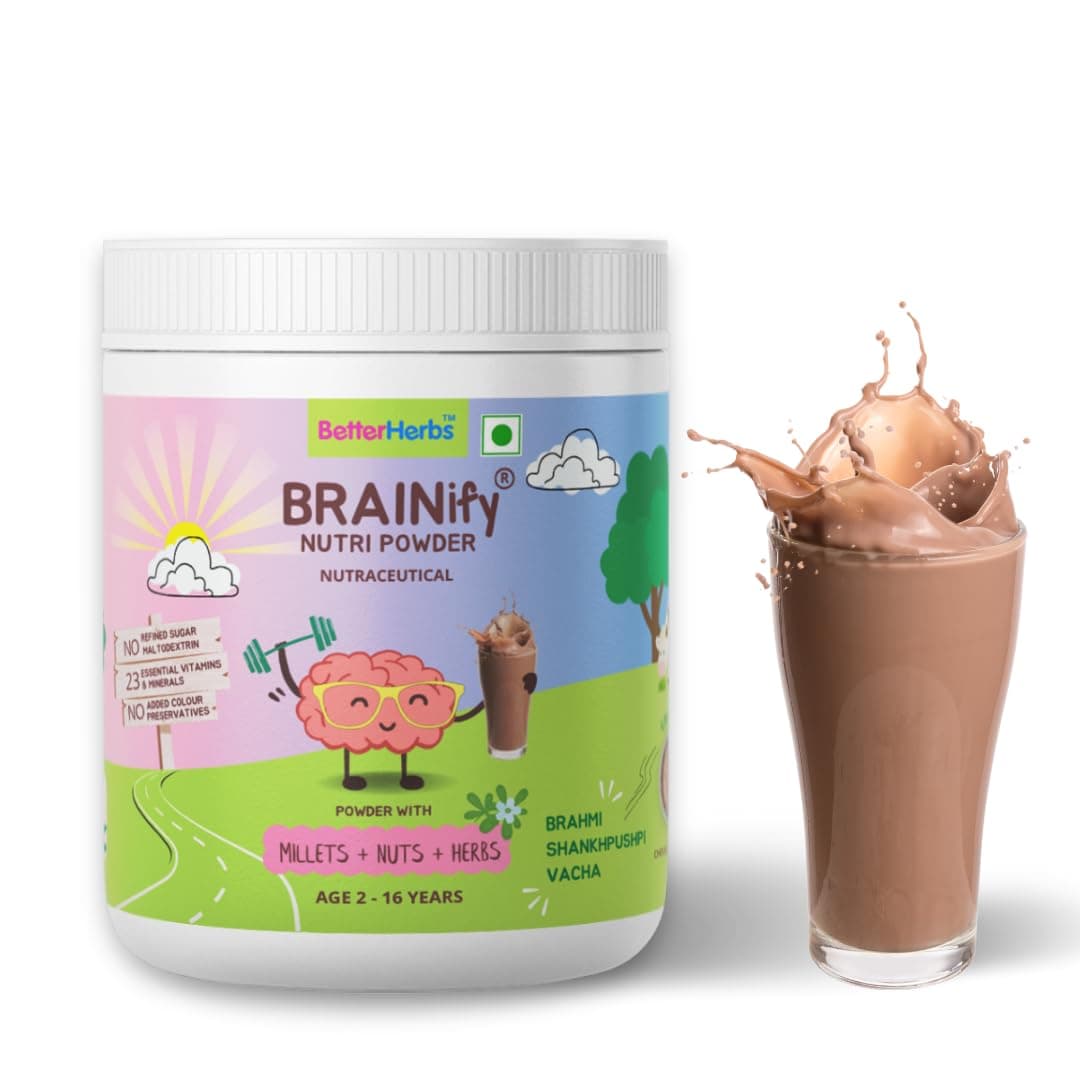 BRAINIFY by BetterHerbs Nutrition Drink Powder Chocolate - 350g | 2-16 Years | No Refined Sugar | 7 Herbs + Millets + Nuts | 23 Essential Nutrients | Supports Brain Development
