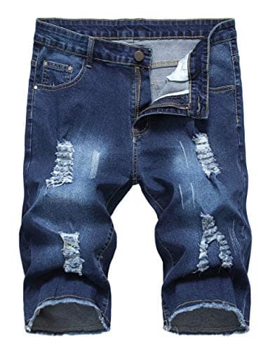 Sarriben Men's Casual Summer Distressed Button up Stretch Ripped Jeans Shorts with Repair Rips Dark Blue