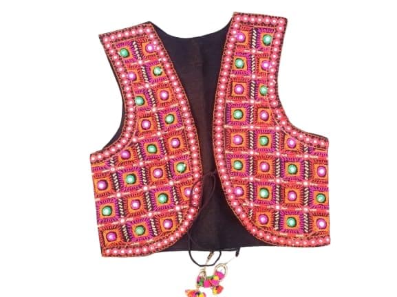 Outerwear Womens Multicolor Cotton Handmade Traditional Rajasthani Design front Embroidered Kutchi Work Jacket/Koti