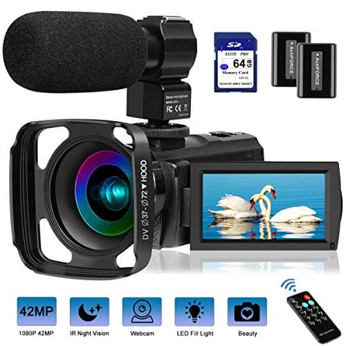 Video Camera Camcorder with Microphone FHD 1080P 30FPS 42MP IR Night Vision Digital Camera for YouTube Vlogging 3 Inch IPS Touch Screen Camcorder Recorder with 64GB SD Card,Remote Control, Lens Hood