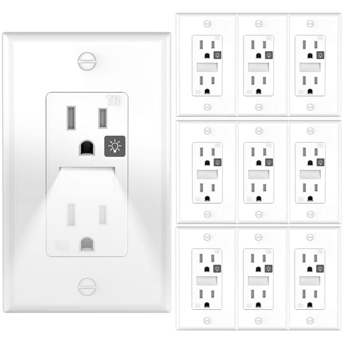 SOZULAMPWhite Outlets Receptacles with Night Light,Decorator Electrical Tamper Resistant Wall Outlet 15 Amp 125Volt, Guide Light Outlet with Covers Wall Plate(10 Pack)