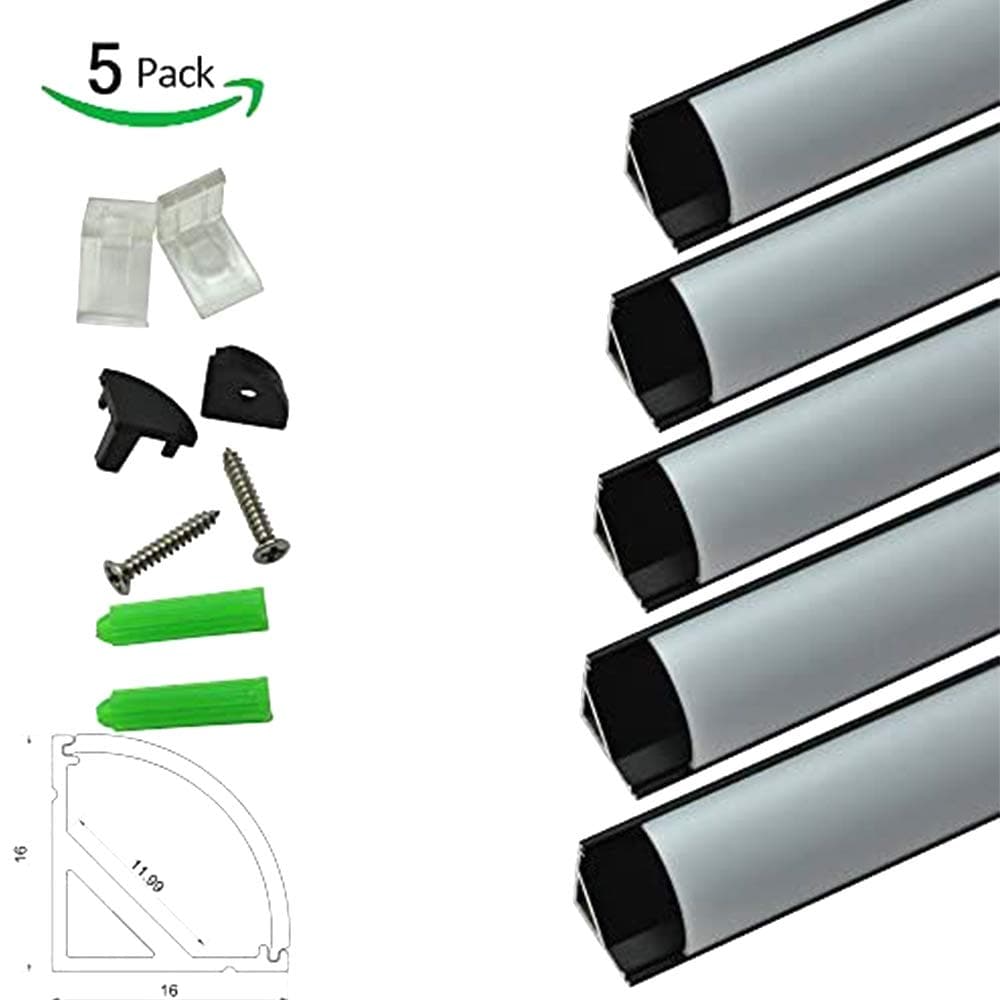 Black LED 90° Right Angle Aluminium Channel 1 Meter(39.4inch) 5-Pack 16 mm(H) x 16 mm(W) for Max Recessed 10mm Strip Light LED Profile with Arc Diffuse Cover