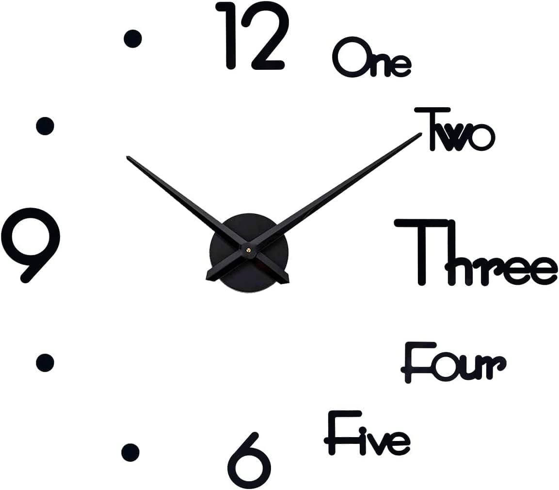 SEJU Large Modern 3D Stick on Wall clock, Silent non Ticking DIY Frameless Funky Wall Sticker Clock for Living Room Kitchen Bedroom Office Home Decor Gift (Black)