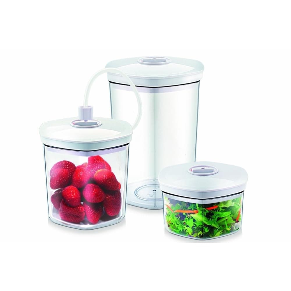 Caso Vacuum Container Set, Container Shatterproof and Dishwasher Safe, 3 Vacuum Containers for Pressure-Sensitive and Liquid Food, Suitable for All Vacuum Sealers with Hose Connection, Stackable