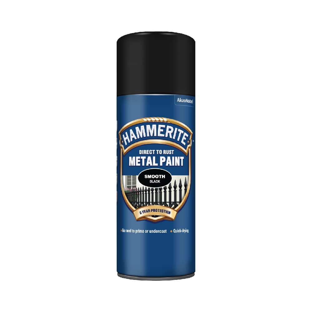 Hammerite Spray Paint for Metal. Direct to Rust Exterior Black Metal Paint, Smooth Finish. Corrosion Resistant Black Gloss Paint and Rust Remover, 8 Year Protection - 400ml Aerosol 0.5 SqM Coverage