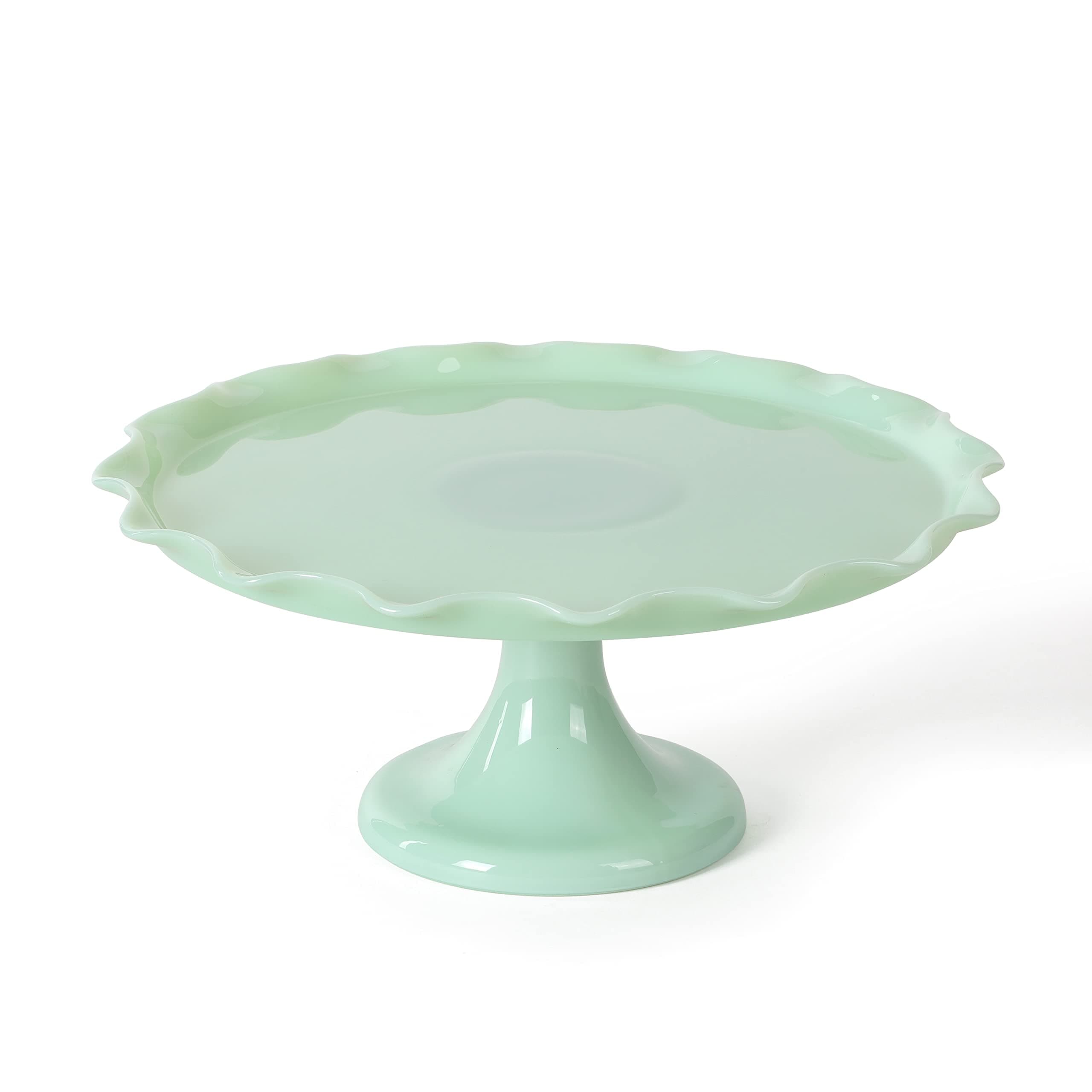 Martha Stewart Highbrook 11" Handmade Jadite Glass Cake Stand with Ruffle Trim
