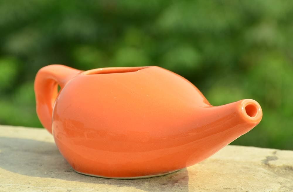 Porcelain Ceramic Neti Pot for Nasal Cleansing Saffron Color | Natural Treatment for Sinus, Infection and Congestion | Ceramic Neti Pot with Instructions Leaflet