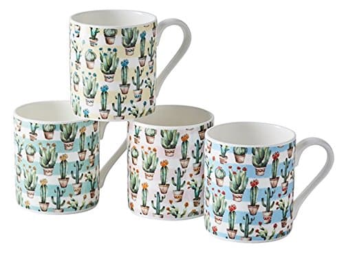 Cactus Love Mugs Collection by Graduate Collection Designed by Natalie Adams Set of 4 Fine Bone China Blue Green Pink and Yellow Cactus Mugs Designed and Made in The UK